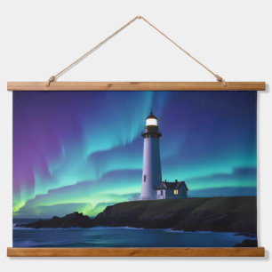 Tapiz Con Marco De Madera Paisaje del faro Costa Océano Aurora Noche
