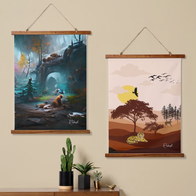 Tapiz Con Marco De Madera Paisaje forestal exuberante y puesta de sol natura (Asimétrico)