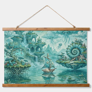 Tapiz Con Marco De Madera Paisaje marino surreal de ensueño en verde cian