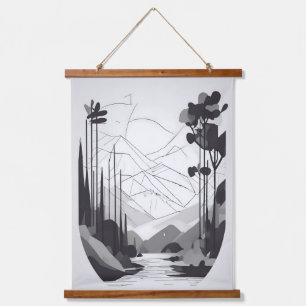 Tapiz Con Marco De Madera Paisaje Minimalista en blanco y negro Resumen de a