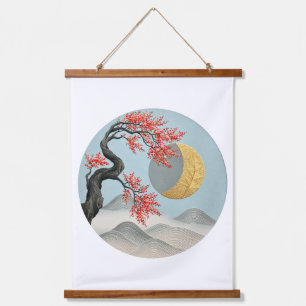Tapiz Con Marco De Madera Paisaje minimalista japonés de flor de cerezo y lu