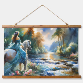 Tapiz Con Marco De Madera Paisaje onírico de la mujer a caballo junto al río