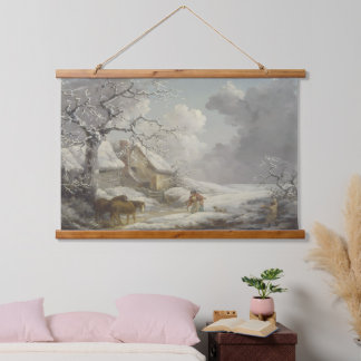 Tapiz Con Marco De Madera Paisaje Repro de Nieve de Invierno Vintage