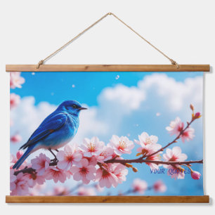 Tapiz Con Marco De Madera Pájaro Azul en Rama de Flor de Cerezo