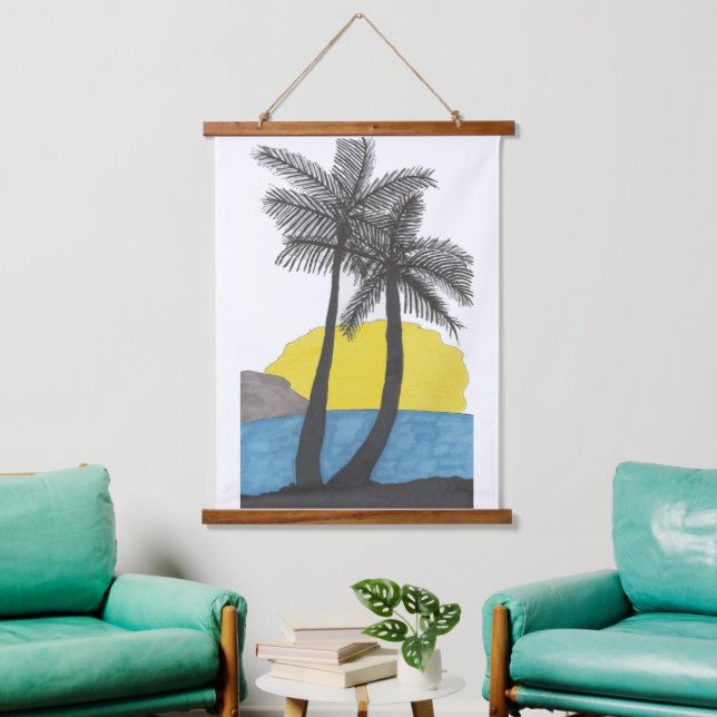 Tapiz Con Marco De Madera Palm Tree Sunrise Silhouette (Sala de estar)