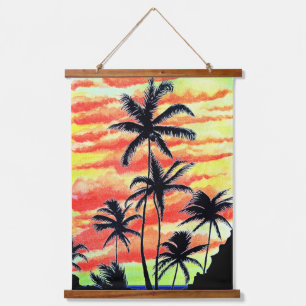 Tapiz Con Marco De Madera Palmas de Coco Sunset de Hawái