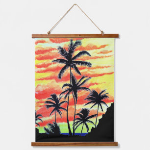 Tapiz Con Marco De Madera Palmas de Coco Sunset de Hawái