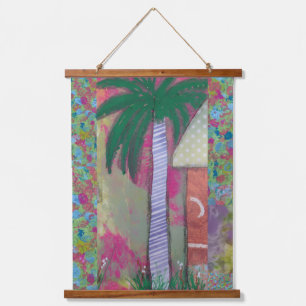 Tapiz Con Marco De Madera Palmera Tropical Arte Mixto
