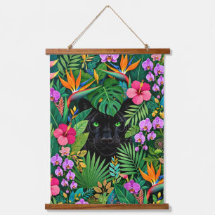Tapiz Con Marco De Madera Pantera Negra Flores de la Jungla y Follaje Tropic