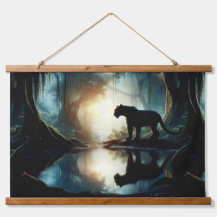 Tapiz Con Marco De Madera Pantera negra reflejada en piscina de agua en la s