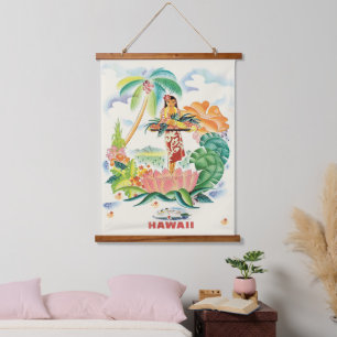 Tapiz Con Marco De Madera Pared de afiches de viaje hawaiano vintage colgand