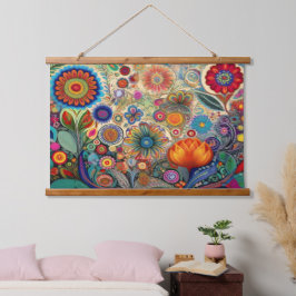 Tapiz Con Marco De Madera Pared de flores de arte popular colgando