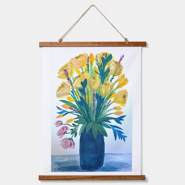 Tapiz Con Marco De Madera Pared de flores de Oma colgando (Anverso)