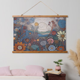 Tapiz Con Marco De Madera Pared panorámica de flor de arte popular colgando