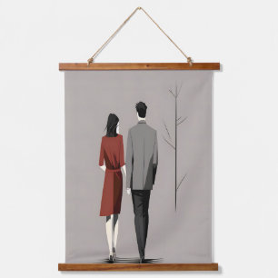 Tapiz Con Marco De Madera Pareja minimalista caminando juntos con arte de lí