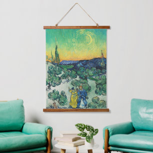 Tapiz Con Marco De Madera Pareja romántica de Van Gogh caminando bajo la lun