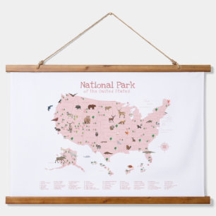 Tapiz Con Marco De Madera Parques nacionales de Woodland rosado Mapa de deco