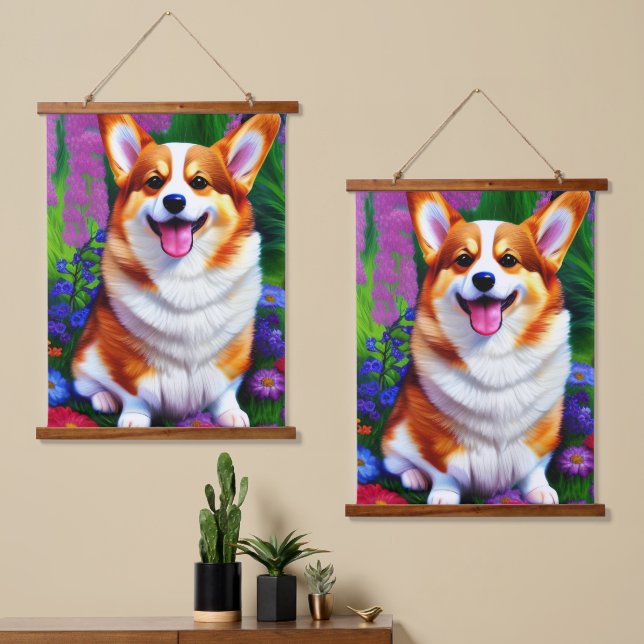 Tapiz Con Marco De Madera Pastel Floral Corgi Sherpa (Asimétrico)