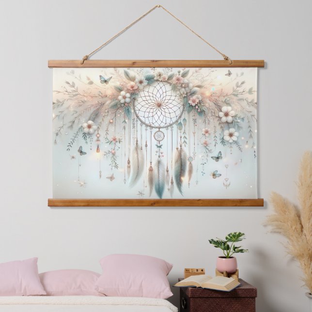 Tapiz Con Marco De Madera Pastel Floral Mariposa Dreamcatcher (Dormitorio)
