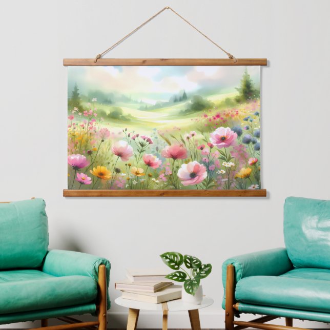 Tapiz Con Marco De Madera Pastel Wildflower Meadow Landscape (Sala de estar)