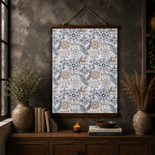 Tapiz Con Marco De Madera Patrón Botánico Boho Gris Terracota Claro