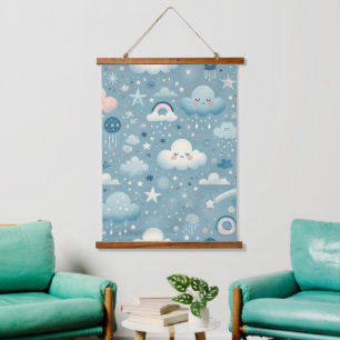 Tapiz Con Marco De Madera Patrón caprichoso de cielo con nubes, estrellas -