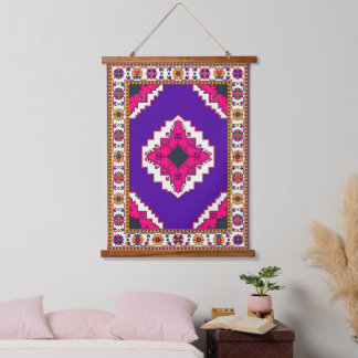 Tapiz Con Marco De Madera Patrón de arte popular boho geométrico púrpura vib