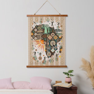 Tapiz Con Marco De Madera Patrón de elementos tribales decorativos del mapa