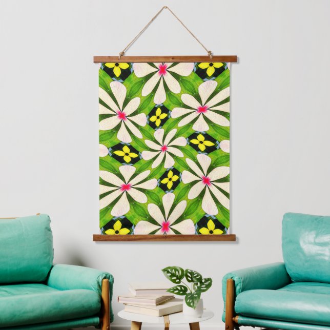 Tapiz Con Marco De Madera Patrón de flores estéticas (Sala de estar)