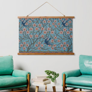 Tapiz Con Marco De Madera Patrón de golondrina floral azul retro por Walter
