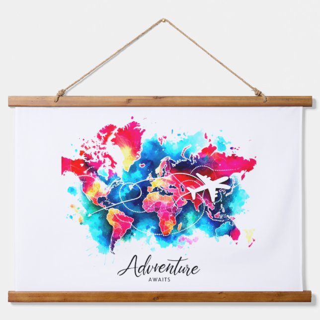 Tapiz Con Marco De Madera Patrón de mapas del mundo de las acuarelas (Anverso )