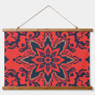 Tapiz Con Marco De Madera Patrón de medallón persa ornamentado rojo azul de 