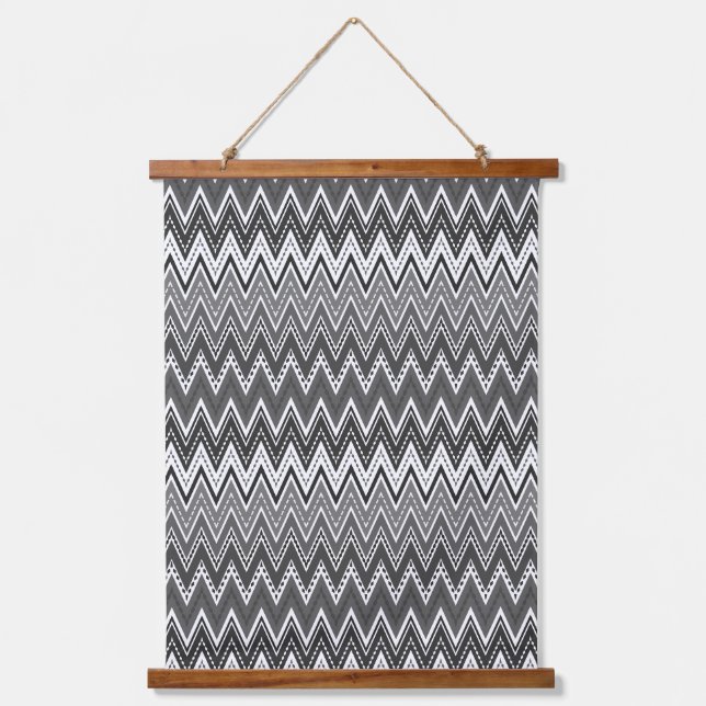 Tapiz Con Marco De Madera Patrón de zigzag geométrico en blanco y negro (Anverso)