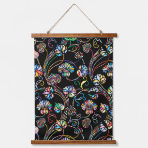 Tapiz Con Marco De Madera Patrón floral antiguo multicolor sobre negro para
