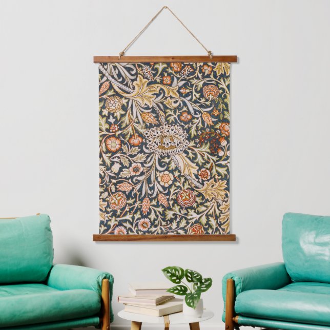 Tapiz Con Marco De Madera Patrón floral azul vintage Trent de William Morris (Sala de estar)