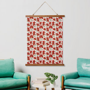 Tapiz Con Marco De Madera Patrón Floral de Amapola Roja Vintage Arte Botánic