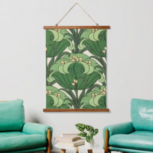 Tapiz Con Marco De Madera Patrón Floral de Loto Art Nouveau Verde Salvia