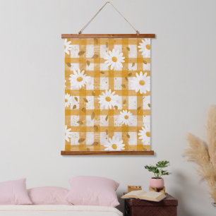 Tapiz Con Marco De Madera Patrón floral de margarita blanca en Gingham amari