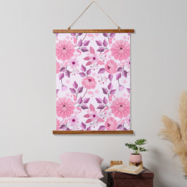 Tapiz Con Marco De Madera Patrón floral rosa con flores elegantes