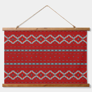 Tapiz Con Marco De Madera Patrón geométrico rojo y turquesa de las mesas del