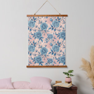 Tapiz Con Marco De Madera Patrón Rosa azul retro sobre fondo rosa suave