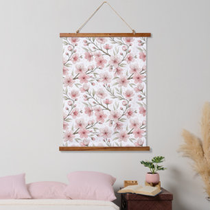 Tapiz Con Marco De Madera Patrón Sakura de flores de cerezo rosa en blanco (
