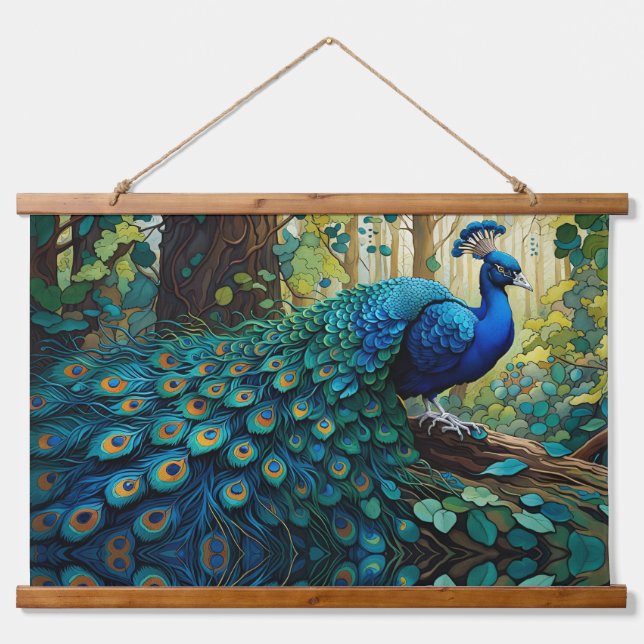 Tapiz Con Marco De Madera Pavo real azul en el bosque (Anverso )