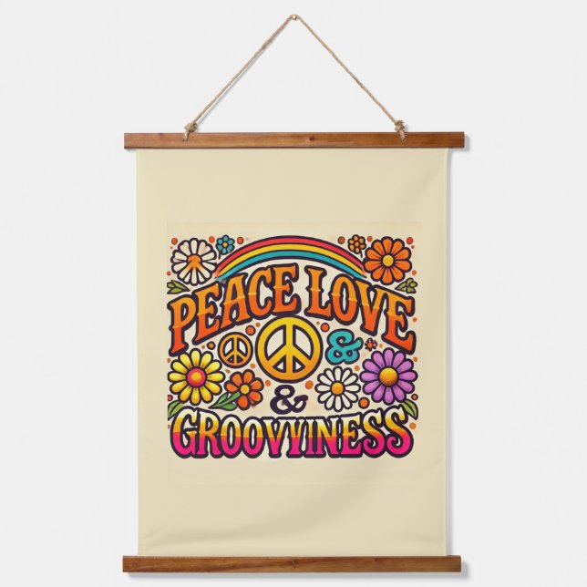 Tapiz Con Marco De Madera Paz, Amor y Groovindad Madera tapada (Anverso)
