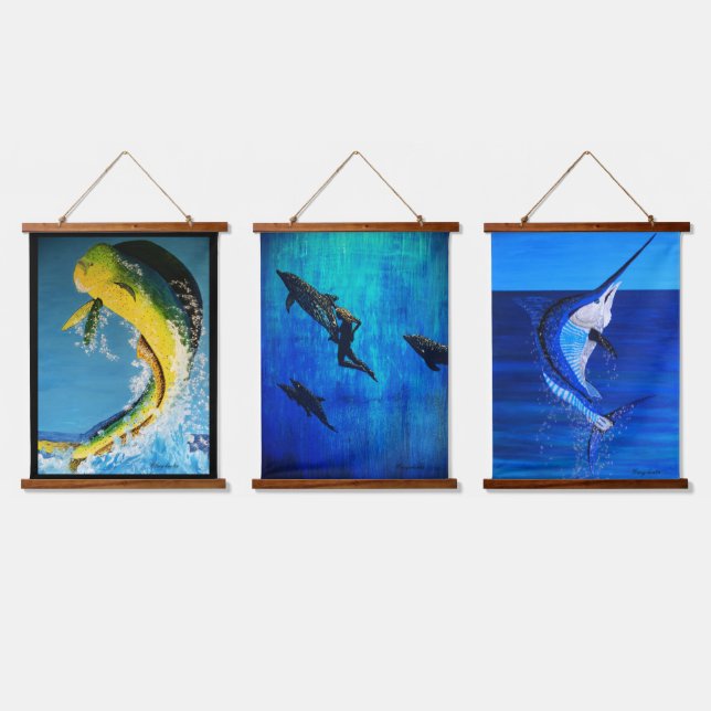 Tapiz Con Marco De Madera Peces de delfín, delfines de rescate, marlin (Triple)