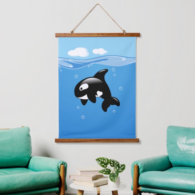 Tapiz Con Marco De Madera Pequeña ballena orca en el océano (Sala de estar)
