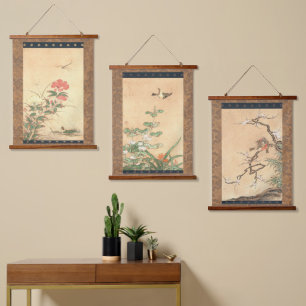 Tapiz Con Marco De Madera Período Edo Japonés Kano Motonobu Aves y Flores