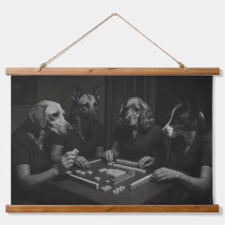 Tapiz Con Marco De Madera Perros blancos y negros jugando Mahjong