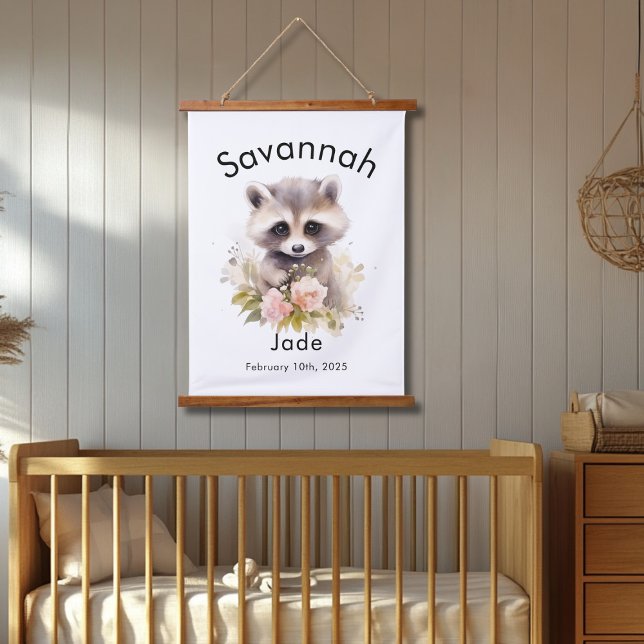 Tapiz Con Marco De Madera Personalizado Acuarela Racoon Nacimiento y Nacimie (Subido por el creador)