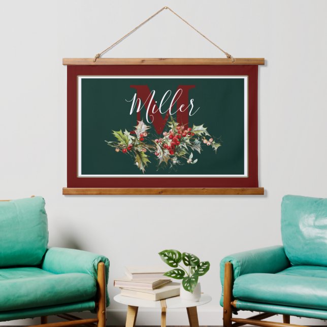 Tapiz Con Marco De Madera Personalizado con acebo y bayas  (Sala de estar)